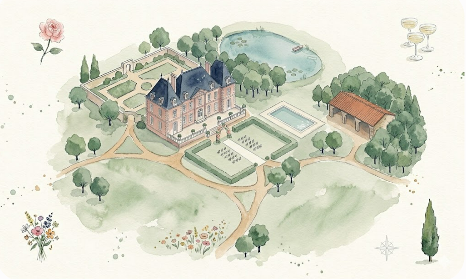 Hand-painted map of Domaine des Halles grounds — the chateau, the walled garden, the lake, the vineyard, the ceremony lawn, and the pool