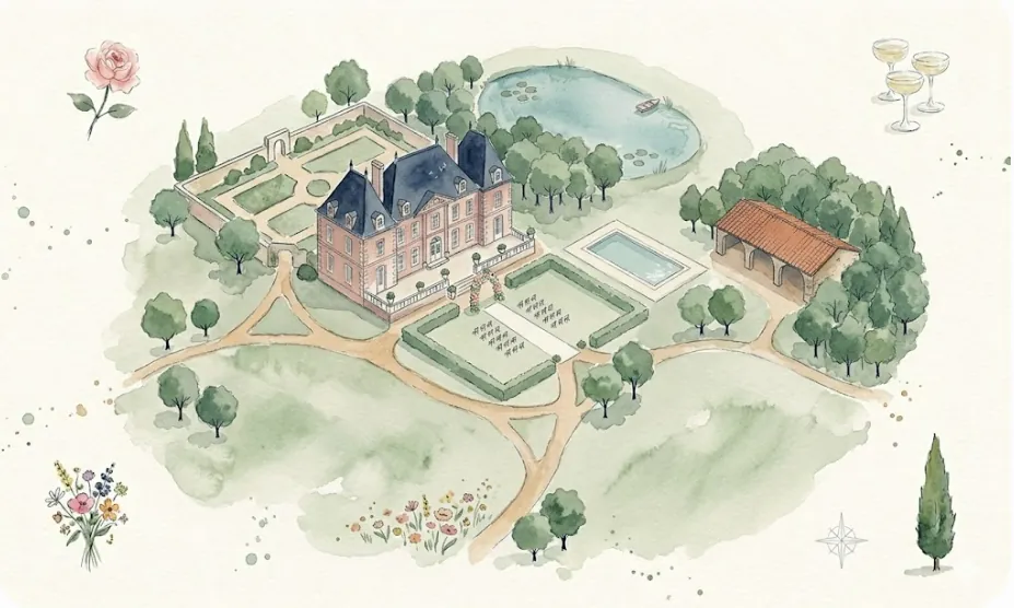 Hand-painted map of Domaine des Halles grounds — the chateau, the walled garden, the lake, the vineyard, the ceremony lawn, and the pool