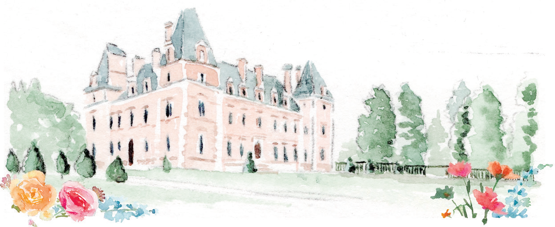 Watercolor of Domaine des Halles across its lawns, flowers in the foreground