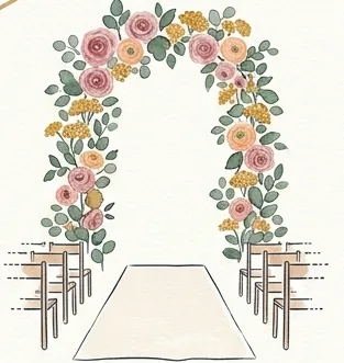 Watercolor of a rose-covered ceremony arch with rows of chairs and an aisle