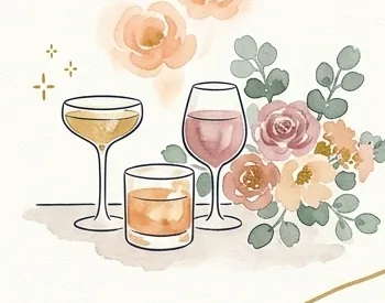 Watercolor of a coupe, a tumbler and a glass of wine beside garden roses