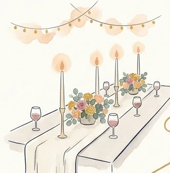 Watercolor of a long dinner table with candles and flowers beneath strings of lights