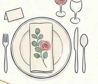 Watercolor of a dinner place setting with a rose laid on the napkin