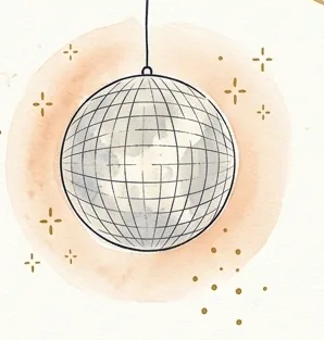 Watercolor of a disco ball glowing amid gold sparkles