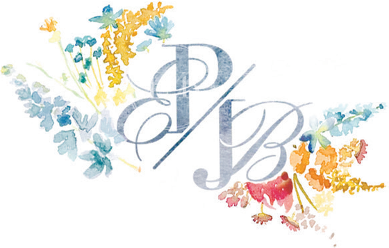 Interlocked P and J monogram crowned with watercolor flowers