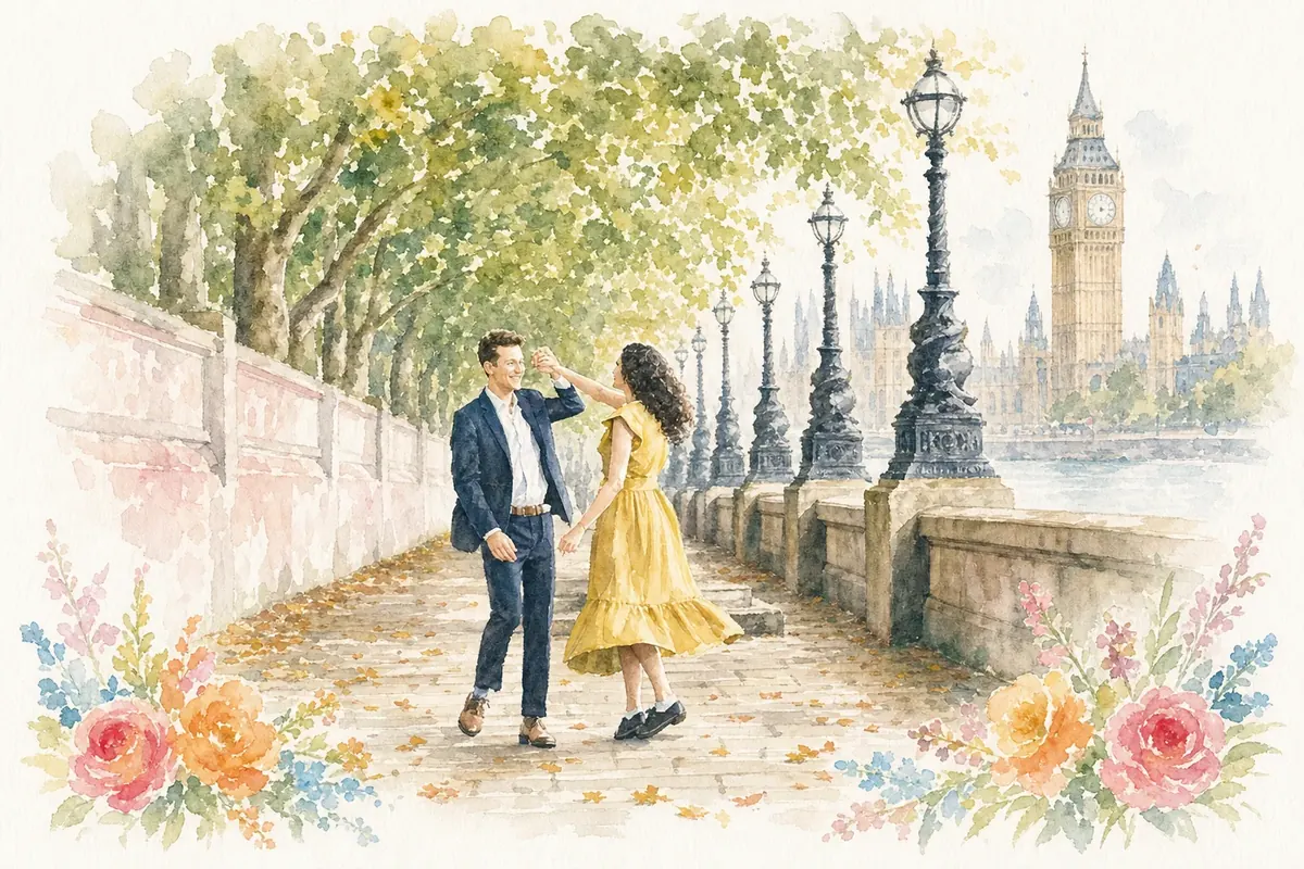 Watercolor painting of Parmida and Jake dancing on the Thames embankment, with Big Ben across the river