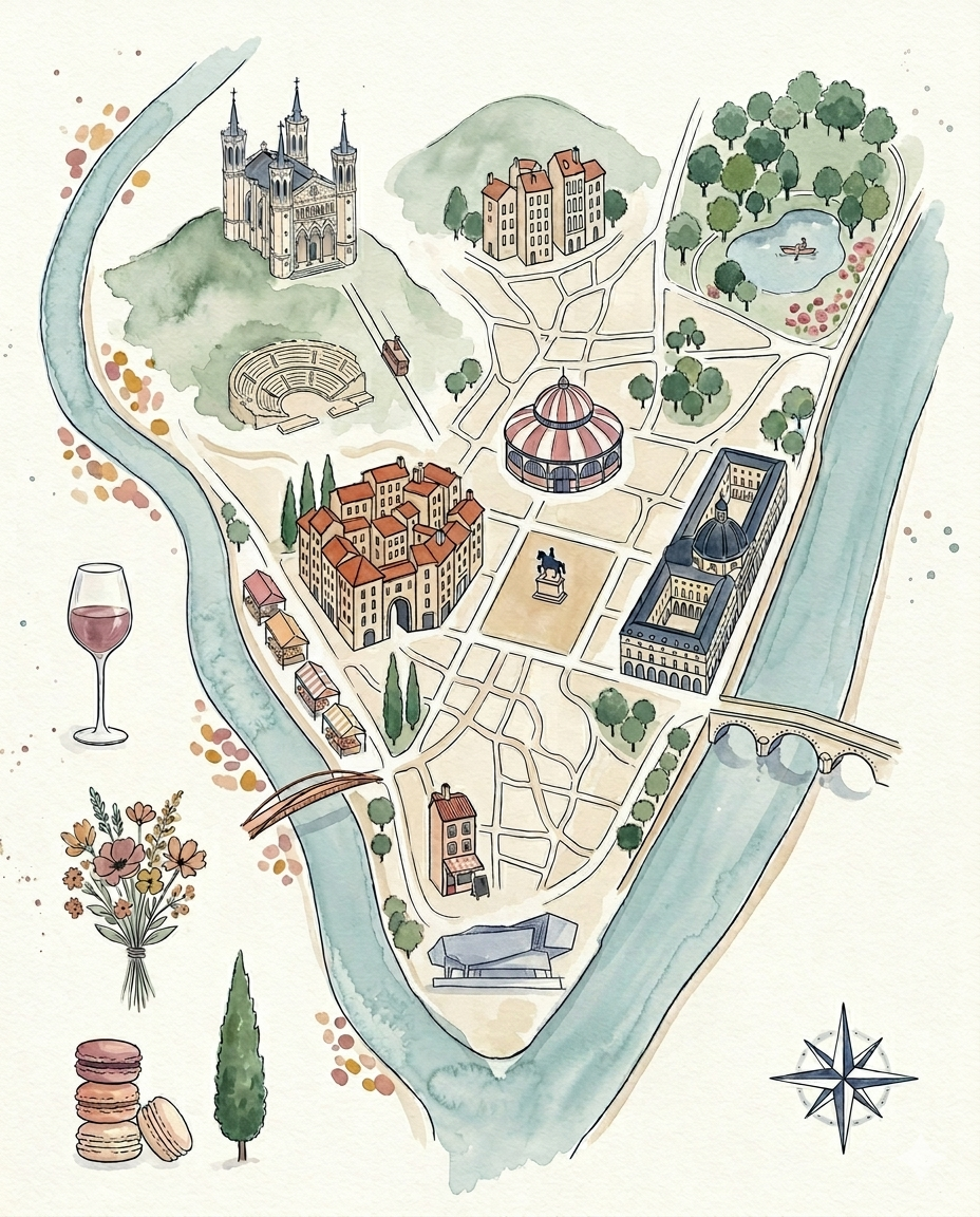 Hand-painted watercolor map of Lyon, France — Fourvière, Vieux Lyon, Place Bellecour, Grand Hôtel-Dieu, the Saône and the Rhône, Les Halles de Lyon Paul Bocuse, Croix-Rousse, and Parc de la Tête d'Or